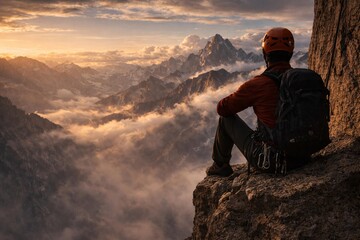 Fototapeta premium Adventurer on Cliff at Sunrise, Majestic Mountain View