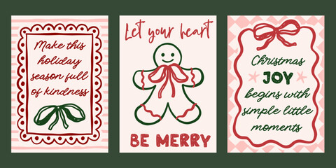 Whimsical Christmas vector cards set. Vintage retro holidays print designs with gingerbread man illustration, festive quotes in coquette frames