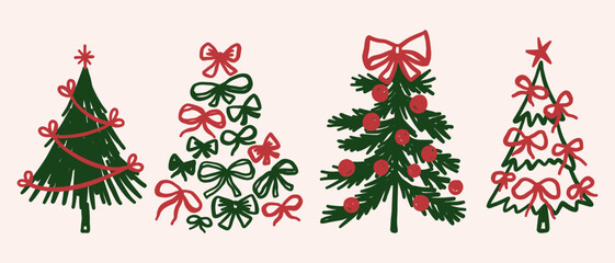 Vintage Christmas trees vector illustrations set. Whimsical coquette retro festive holidays hand drawn clipart