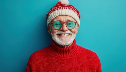Cheerful elderly man wearing festive winter attire poses against a bright blue background