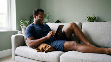 Relaxed young man using digital tablet on comfortable sofa at home with small dog resting beside him in cozy living room interior