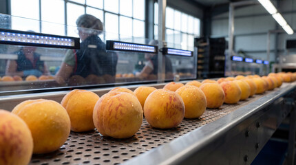 Fresh ripe peaches moving along automated industrial conveyor belt in modern fruit processing facility with workers in background