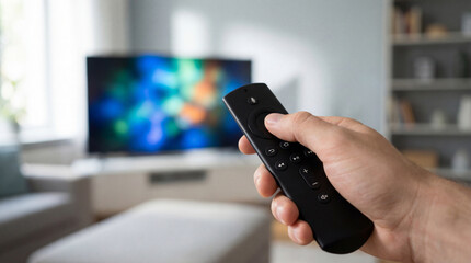 Hand holding remote control while changing channels on modern smart television in cozy living room with colorful blurred screen