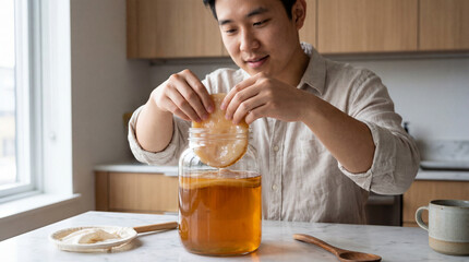 Kombucha brewing at home with young man carefully placing scoby into glass jar of tea on bright kitchen counter near window