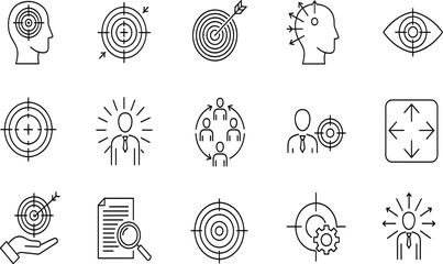 Target focus icons, business strategy symbols, goal achievement illustration, leadership direction concepts, decision making graphics, vision planning outline collection set