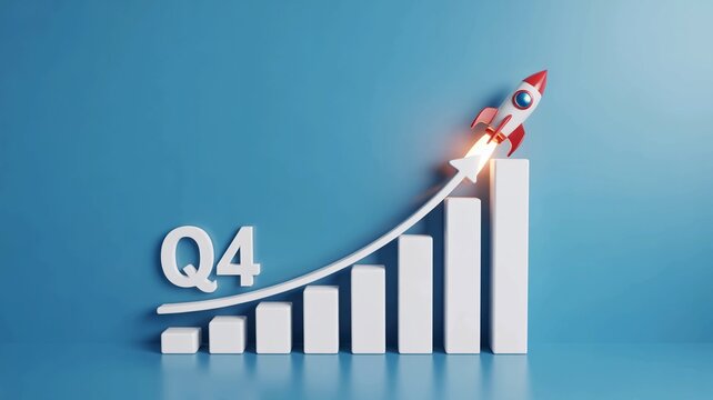 A toy rocket ship soars high above a growing q4 bar graph on a blue background representing business growth and success in the fourth quarter