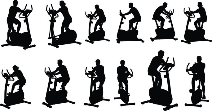 Set of gym silhouettes of people riding exercise bikes, men and women doing cardio workout, vector illustration isolated on white background for fitness design.