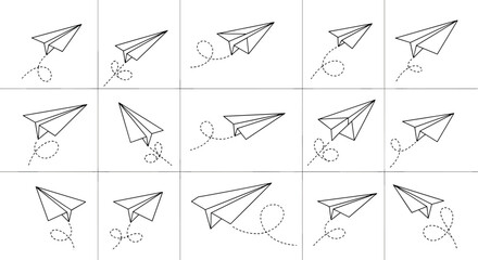 Paper Airplane Flight Path Puzzle Grid Featuring Loops, Curves, and Directional Variations in a 4x5 Visual Sequence