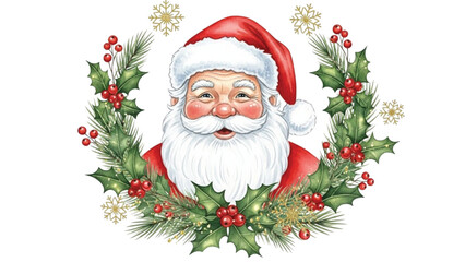 Watercolor Santa Claus Portrait with Holly Wreath, Traditional Christmas Illustration on White Background