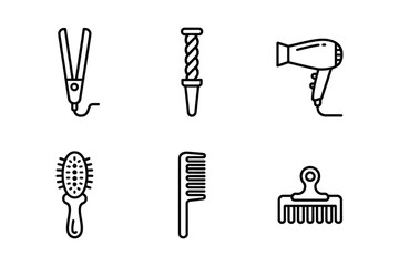 A collection of hair styling and grooming tools illustrated as minimalist line icons