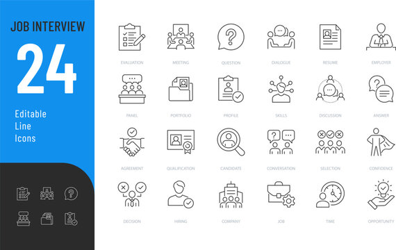 Job Interview Line Editable Icons set. Vector illustration in modern thin style of getting a job related icons: resume, candidate, hiring, and more. Isolated on transparent background.