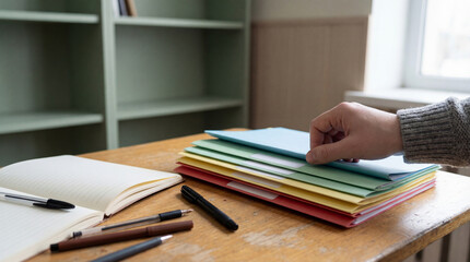 Naklejka premium Person organizing colorful paper folders on wooden desk with stationery and notebook in bright office workspace near window