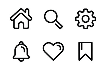 A set of six essential user interface icons including home, search, and settings