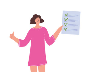 Happy smiling woman holds a checklist with green check marks. Concept of successful to do list, done job, checklist. Flat style vector illustration