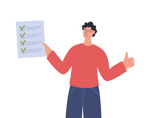 Happy smiling man holds a checklist with green check marks. Concept of successful to do list, done job, checklist. Flat style vector illustration