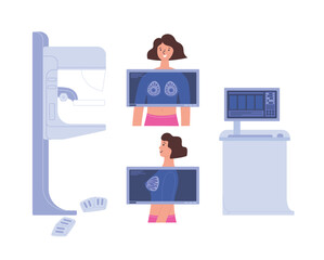 Mammography diagnostical procedure. Breast screening and diagnostic of oncology. Preventive healthcare concept. Flat style vector illustration