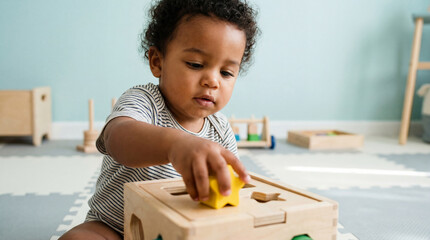 Curious toddler playing with wooden shape sorter toy while learning fine motor skills and cognitive development on soft nursery floor