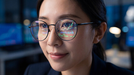 Confident analyst with eyeglasses reflecting rising financial charts while monitoring digital market trends in a modern office environment