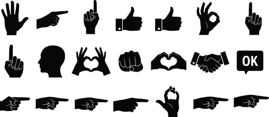 Set of hand gestures and body language symbols vector illustration, including thumbs up, pointing finger, handshake, heart, and OK sign, representing communication, success, and agreement. © MstBeauti