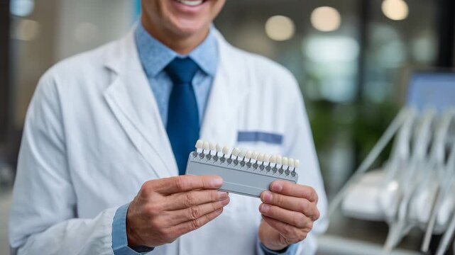 103Professional dentist comparing shade tabs to the patient&rsquo;s brilliantly white teeth, the guide fanned out elegantly, modern equipment blurred behind