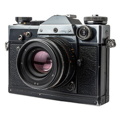 Analog SLR Film Camera with Worn Chrome and Textured Black Leatherette, Showcasing Classic Design and Aged Details on an Isolated transparent background. Transparent Object PNG