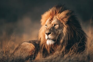 Majestic lion resting in golden savanna light