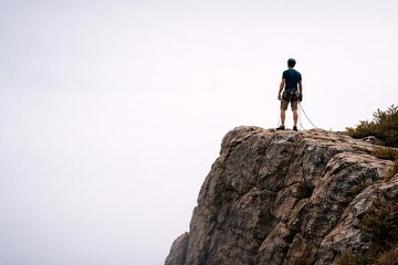 Obraz premium Adventure Seeker Standing at the Summit After Rock Climbing a Majestic Cliff