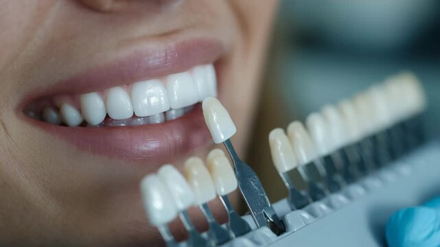 109Professional dental comparison scene with shade guide tabs pressed gently beside a whitened incisor, highlighting perfect color calibration under bright, neutral lighting