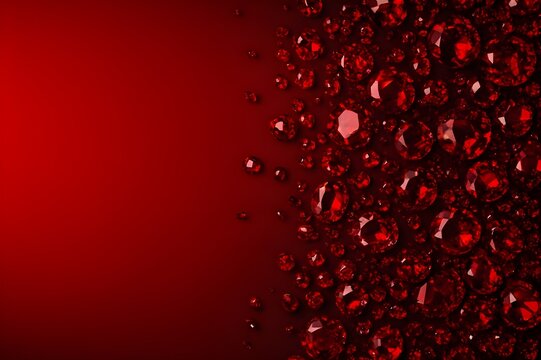 Luxury red diamonds on a deep red background. Premium 3D illustration of shiny rubies and sparkling gemstones on the right side with copy space. Elegant jewelry backdrop for glamour.