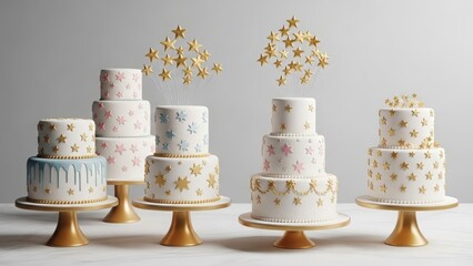 Decorative Tiered Cakes with Gold Stars and Pink Blue Accents celebration birthday