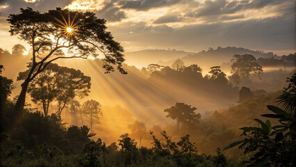 Sunrise over the forest with rays of light shining through tree branches and fog in the distance during early morning hours