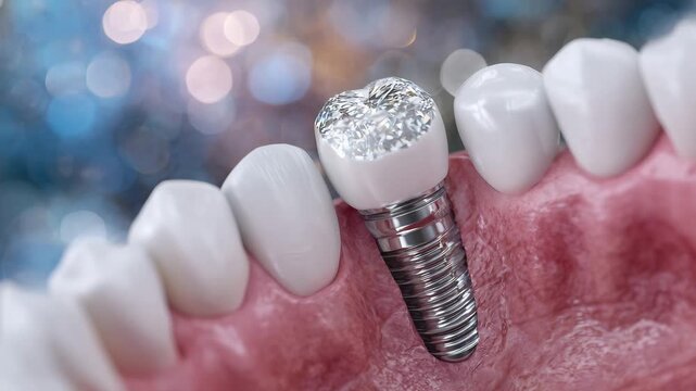 122Cinematic dental close-up of a titanium abutment anchored in pink gingiva with a bright ceramic crown positioned overhead, emphasizing clean engineering lines