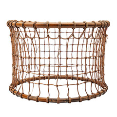 Handcrafted Cylindrical Fishing Trap with Woven Netting and Wooden Frame, Isolated Object. PNG Cut Out Transparent
