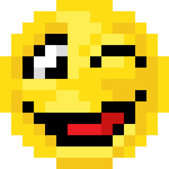 Funny pixel art emoji emoticon winking. Retro 8 bit digital icon full of humor and playfulness, perfect for chat apps, memes, stickers, or nostalgic computer art.