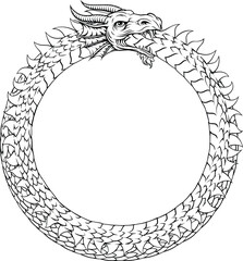 An Ouroboros or Uroboros circle dragon eating its tail circular symbol in a vintage woodcut etching style.
