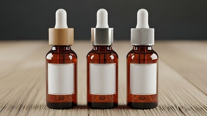 Three amber bottles with different droppers