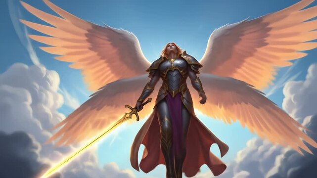 Animation of a Majestic Angel Ascending Through Clouds with a Sword and Glowing Wings