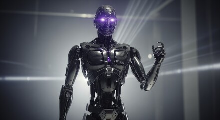 Fototapeta premium Futuristic Cybernetic Humanoid Robot with Glowing Purple Eyes in a High-Tech Sci-Fi Environment