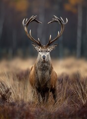 Majestic stag with heart-shaped antlers in autumnal field