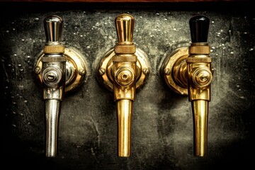 On Tap: Trio of Beer Dispensing Spouts Showcasing Ales at the Bar in Vibrant Closeup