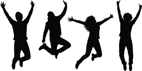 Energetic group silhouettes jumping in celebration, expressing joy, freedom, teamwork, positivity, youthful excitement, dynamic motion, happiness, unity, and active lifestyle