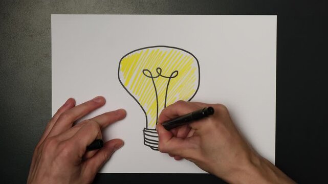 Business infographic symbol of bright idea and insight moment, hand drawn light bulb with marker showing innovation, solution thinking and creative strategy on clean white background