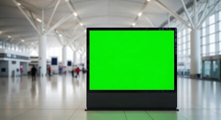 Green screen mockup in a modern airport terminal with blurred people walking in the background, perfect for advertising and information display