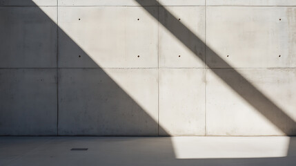 Minimalist concrete wall illuminated by a striking diagonal beam of light, creating a modern and simple architectural scene. Textural play of light and shadow.