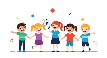 Group of happy children hold hands while a young girl in the center makes an announcement with a loud megaphone speaker.