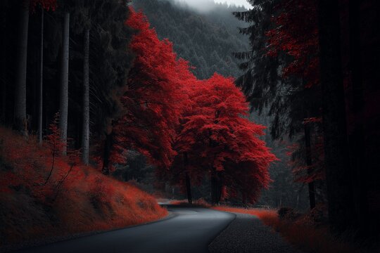 Curved Road Surrounded by Dark Pine Forest and Intense Red Autumn Trees (JPG 300DPI 10800&times;7200)