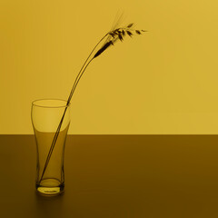 Natural Craft Beer Concept with Wheat Ear in Glass on Golden Background. Modern Minimalist Aesthetic for Organic Breweries, Healthy Lifestyle Branding, and Eco-friendly Visuals for Beer Content