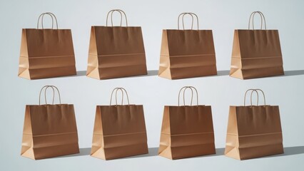 Eight Brown Paper Shopping Bags Arranged in Two Rows Keywords: shopping bag, paper bag, brown