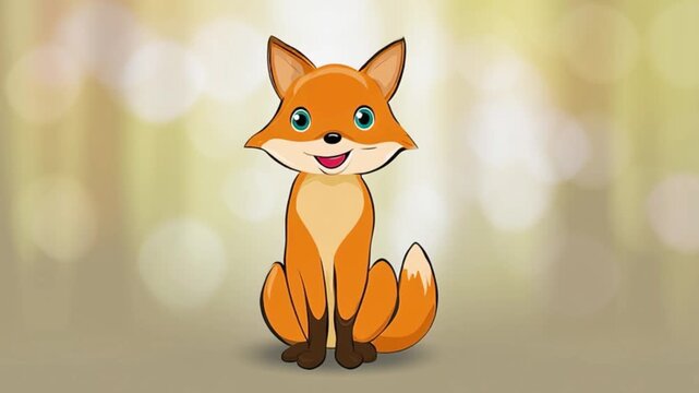 Cute cartoon orange fox sitting upright with happy smiling face on soft blurred background perfect for kids videos animal animations education content storytelling and playful design projects