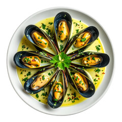 Gourmet Mussels in Creamy Sauce with Herbs and Chili, Elegantly Arranged on a White Plate, Top-Down Isolated View. Transparent Object PNG